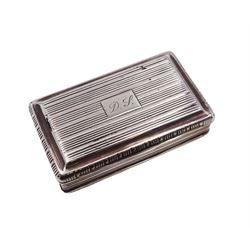 George III silver snuff box, of rectangular form, with banded decoration throughout and engraved cartouche to hinged cover, hallmarked John Shaw, Birmingham 1813, W7cm