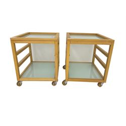 Pair beech framed bedside tables, rectangular glass inset top with under-tier