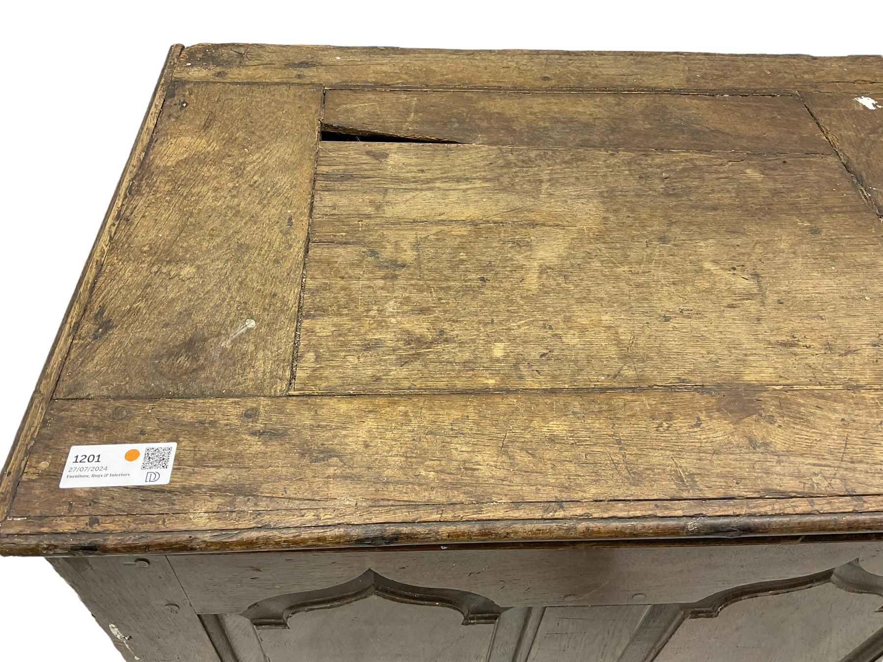 Georgian oak converted mule chest, rectangular plank top over two cupboards with arched Gothic motif panels enclosing storage area with shelves, the base with three drawers with pull handles, on shaped bracket feet