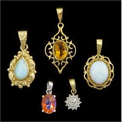 Four 9ct gold pendants including opal, citrine and diamond cluster and a 14ct white gold orange mystic topaz pendant