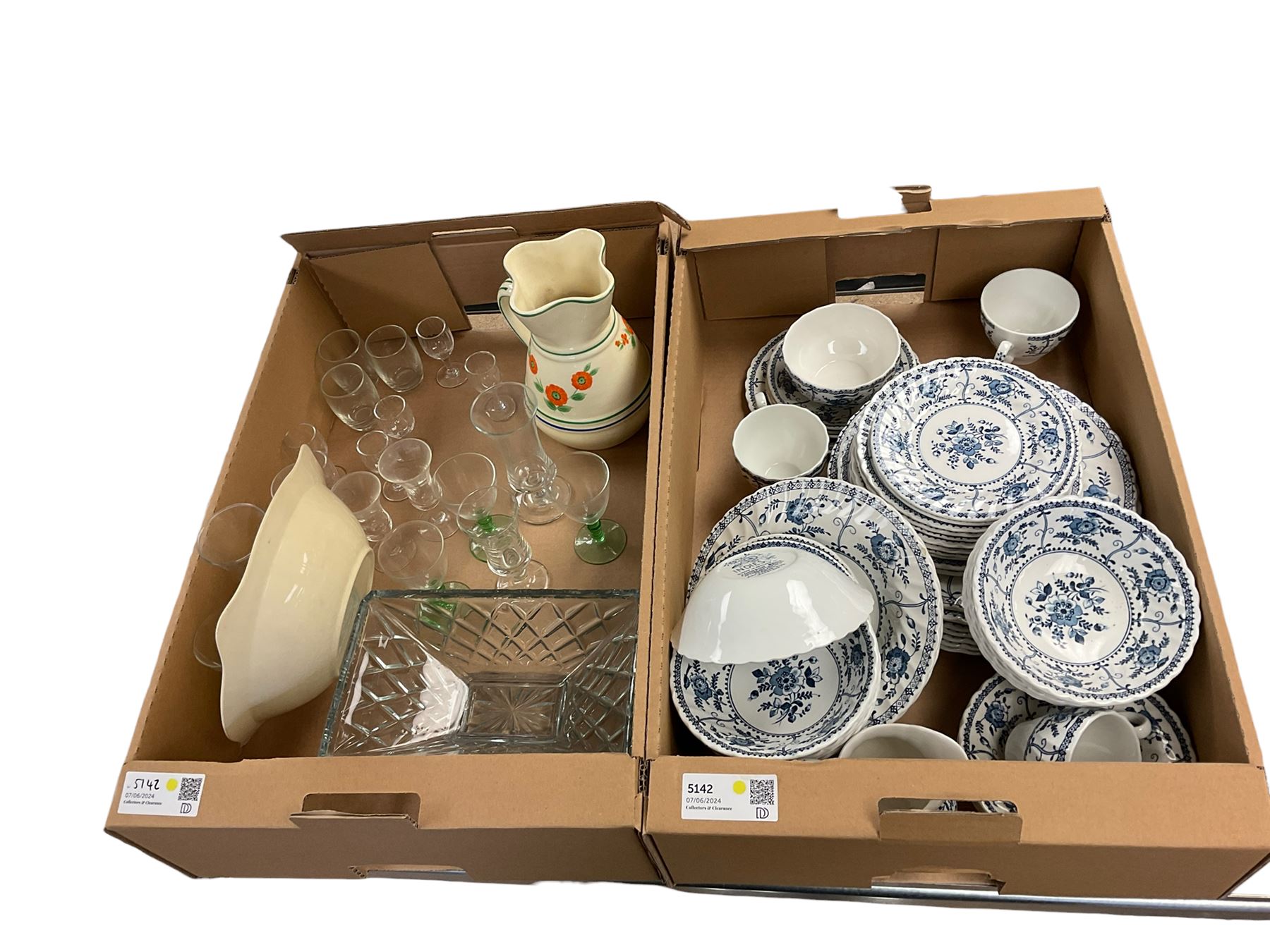 Collection of dinner wares Johnson Bros Indies pattern, together with glassware and jug etc, two boxes 