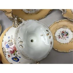 Victorian part dessert service, including eighteen plates, four small serving dishes, shallow dish, etc hand painted with floral sprigs within a cream border with floral panels, and heightened in gilt (26cm)