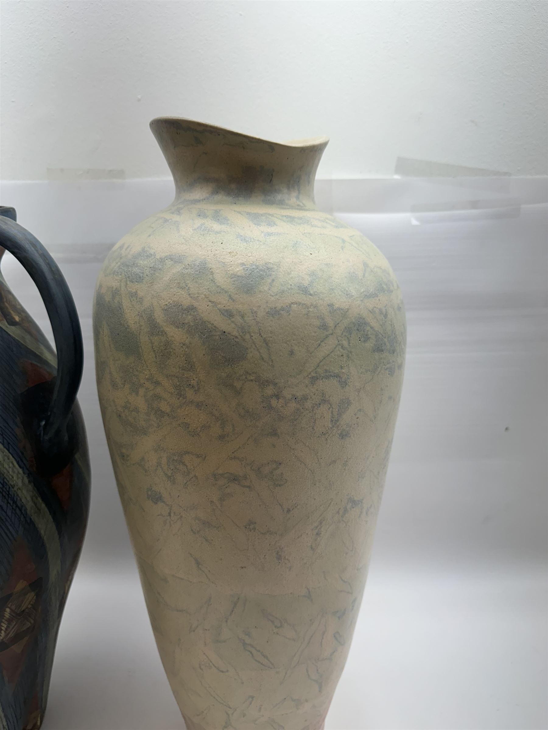 Jackie Walton; Studio pottery large jug decorated with geometric patters, together with another Jackie Walton vase, jug H52cm