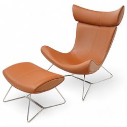 Bo Concept - 'Imola' armchair and stool upholstered in stitched brown leather, on polished...