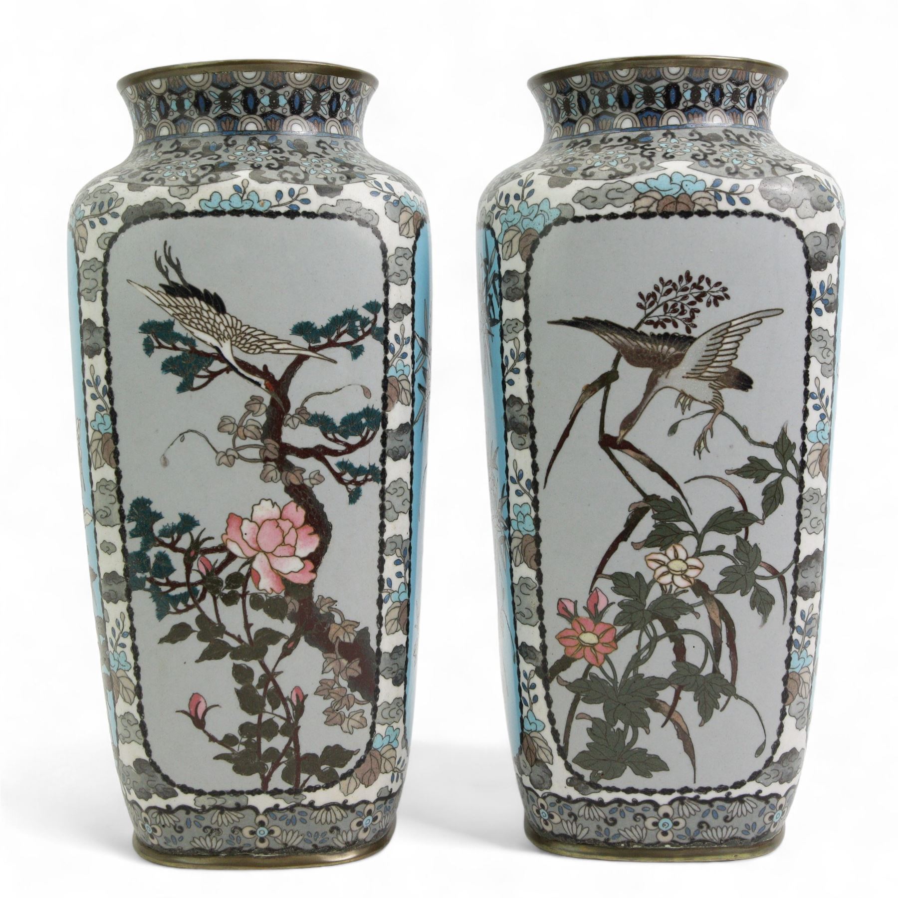 Pair of Japanese Cloisonne vases, of rounded square form, each decorated with four panels depicting birds amongst trees, against turquoise and pale blue/ grey ground, unmarked, H32cm