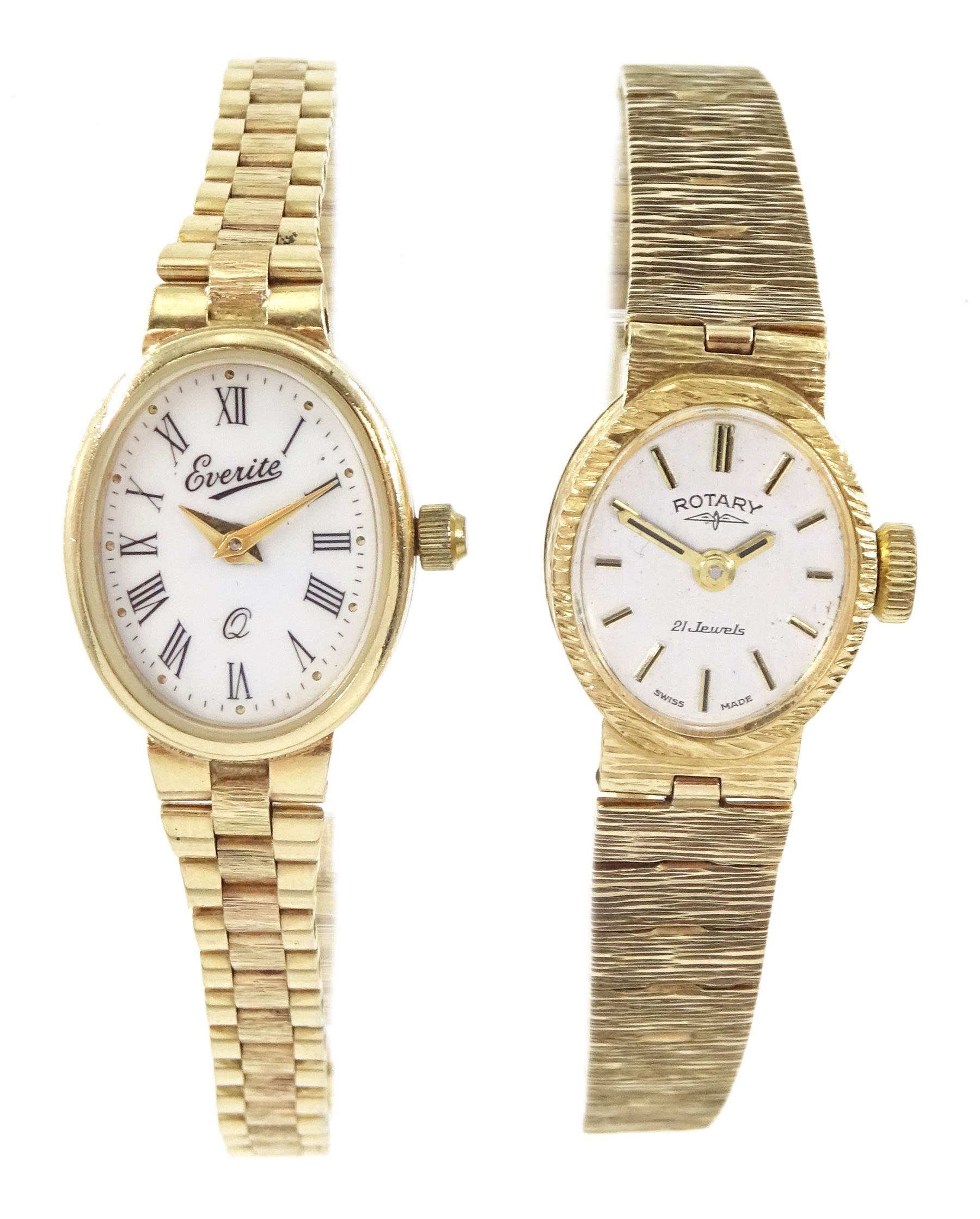 Rotary ladies 9ct gold manual wind wristwatch and a Everite 9ct gold quartz wristwatch, both on integral 9ct gold bracelet straps, all hallmarked