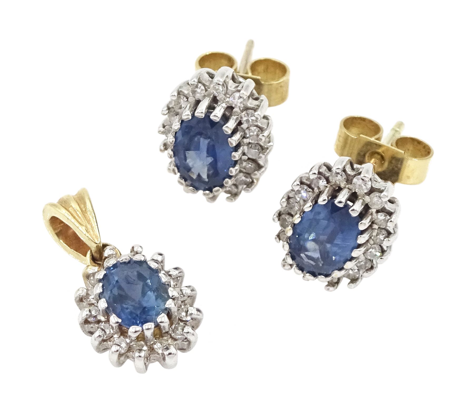 Pair of gold oval cut sapphire and diamond cluster stud earrings and a matching gold pendant, both hallmarked 9ct