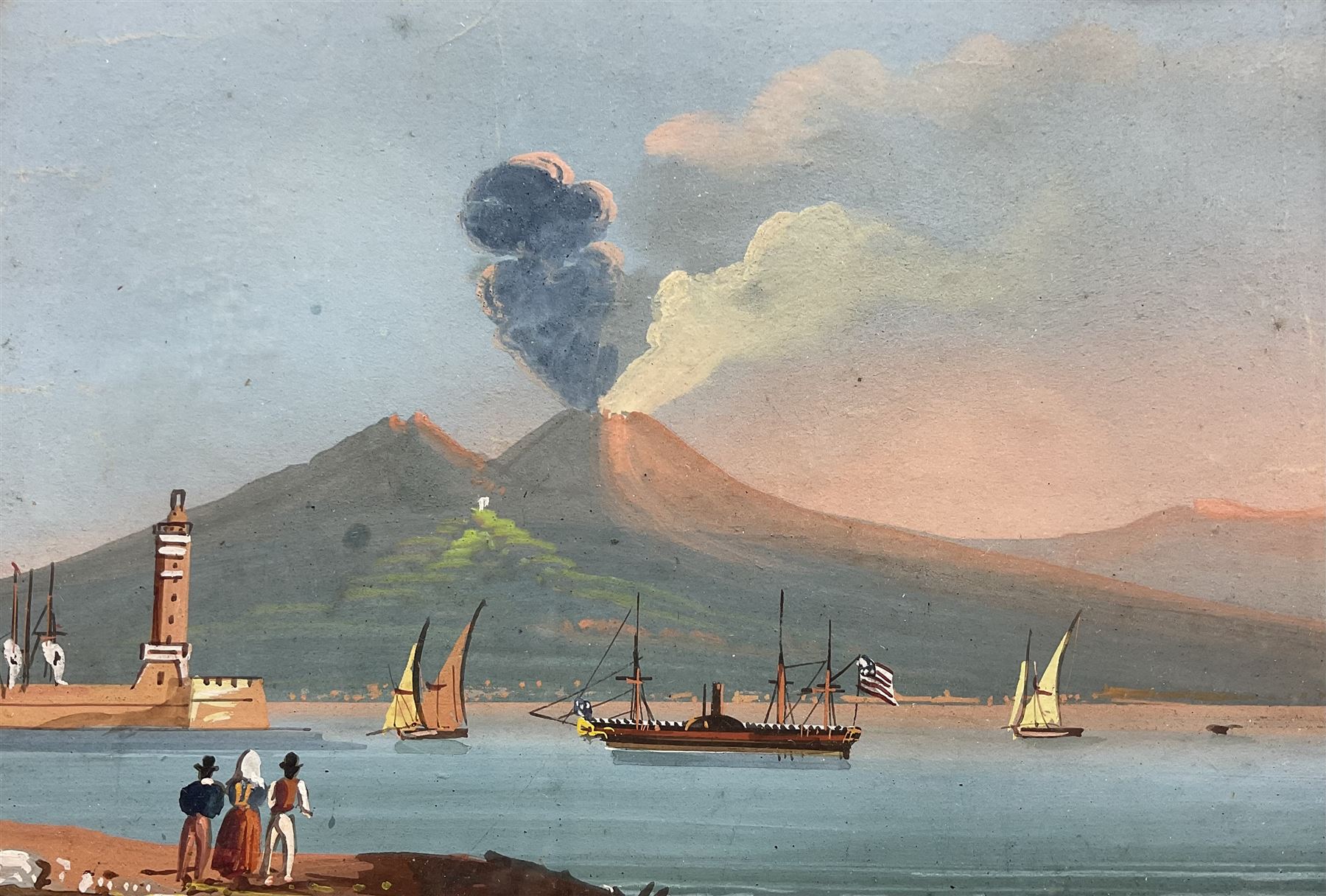 Neapolitan School (Mid 19th century): 'Vesuvius Erupting 9th Febuary 1850' seen from the Riviera di Chiaia Beach Tower over the Bay of Naples, set of three gouaches night and day with American Paddle steamer in the foreground, unsigned titled and dated 16cm x 23cm (3)