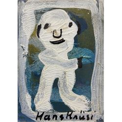 Hans Krüsi (Swiss 1920-1995): Portrait of a Man Pointing, acrylic on paper signed 15cm x 10cm 