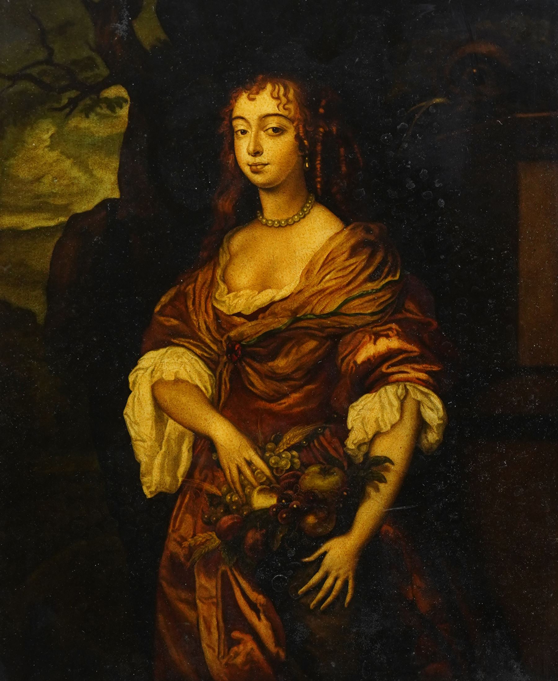 James McArdell (British c.1729-1765) after Sir Peter Lely (Dutch 1618-1680): Portrait of 'Lady Middleton' (Jane Myddelton), reverse mezzotint engraving on glass with hand-colouring, c.1750-65, 51cm x 37cm