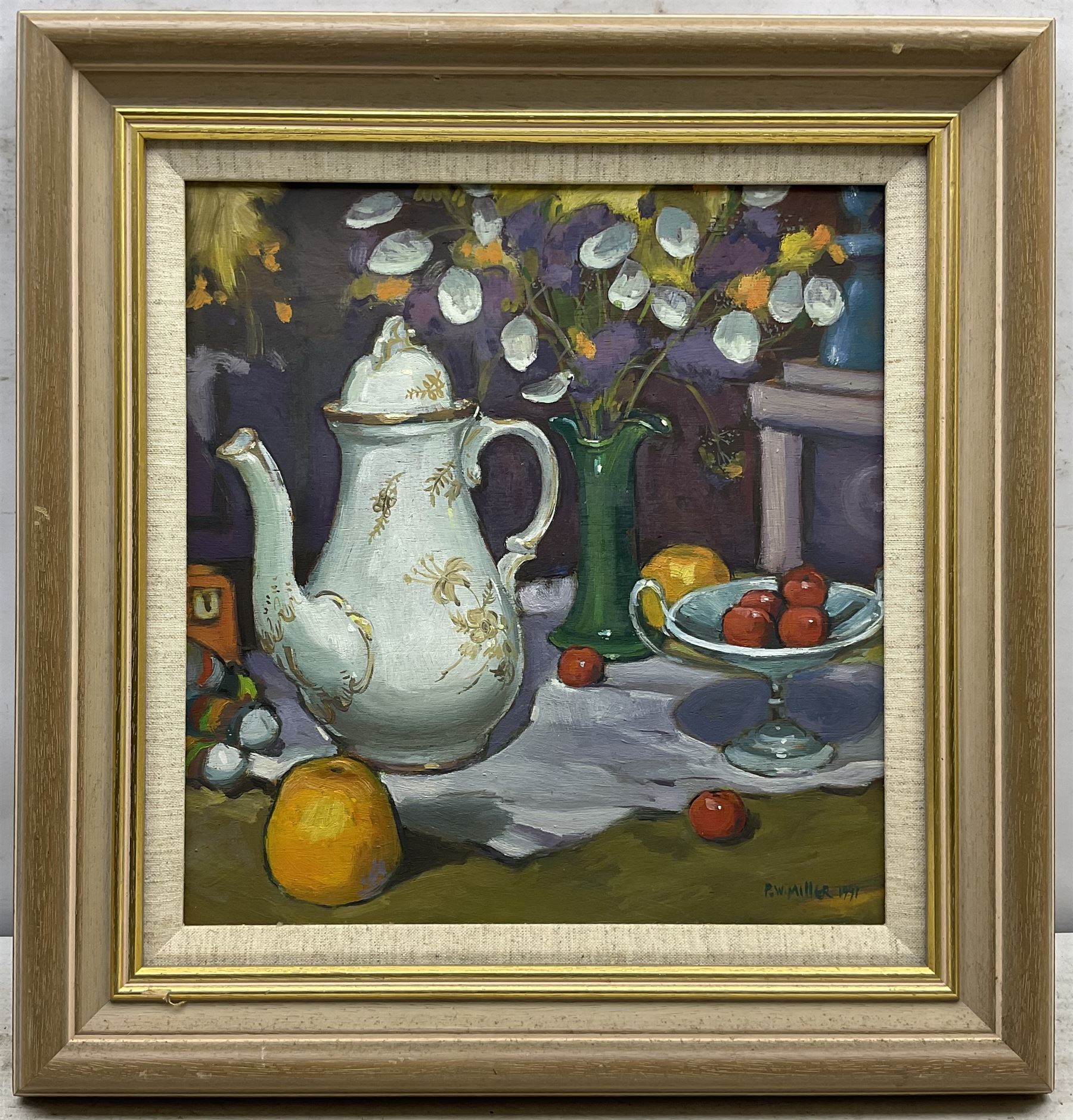 Peter W Miller (Scottish Contemporary): 'Still Life with Coffee Pot and Honesty', oil on panel signed and dated 1991, titled verso 34cm x 32cm