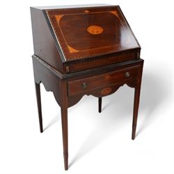 19th century inlaid mahogany bureau on stand, sloped moulded lid inlaid with shell motifs ...