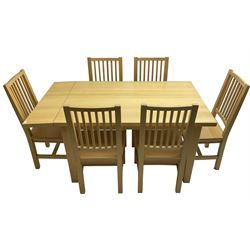 Solid beech rectangular dining table (89cm x 135cm - 160cm, H77cm); together with a set of five beech dining chairs