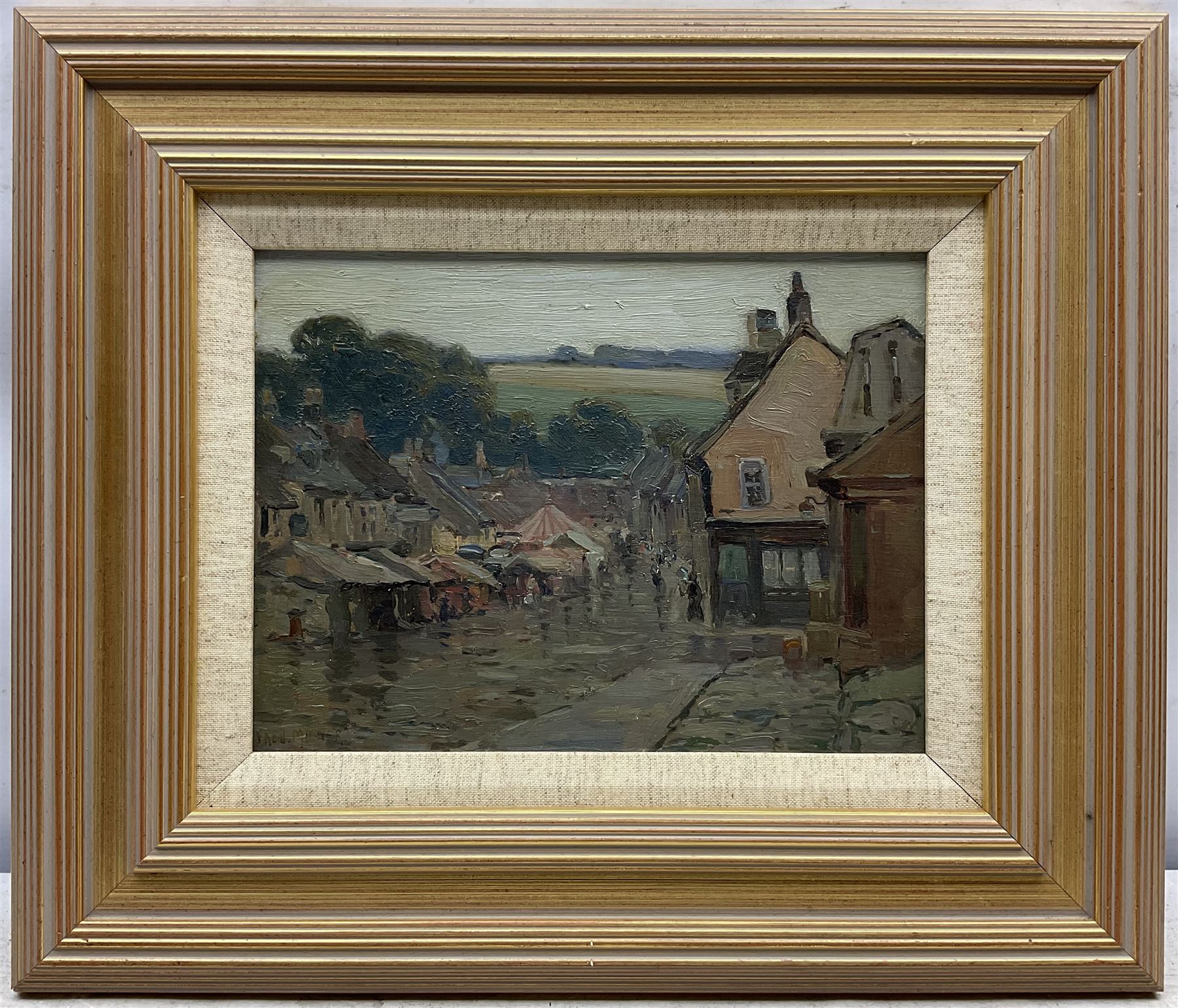 Frederick 'Fred' Milner (Cornish 1863-1939): Rainy Market Day, oil on panel signed 20cm x 26cm