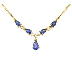 18ct gold pear cut sapphire and round brilliant cut diamond necklace, London import mark 1991