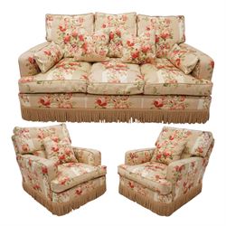 Edwardian shaped two-seat sofa (W165cm, H83cm, D106cm); and matching pair of armchairs (W8...