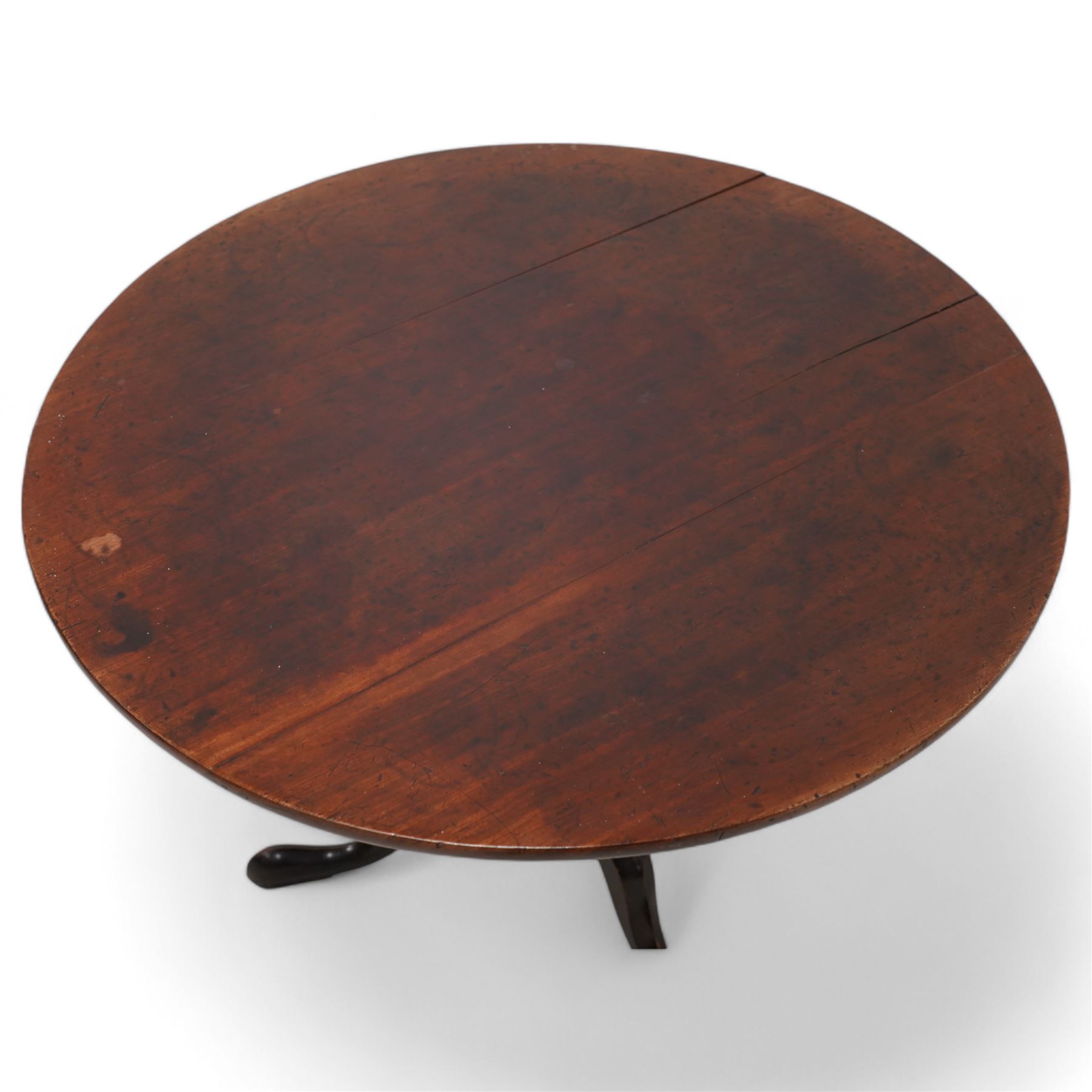 George III mahogany tripod table, circular tilt-top on turned vasiform pedestal, terminating in splayed supports