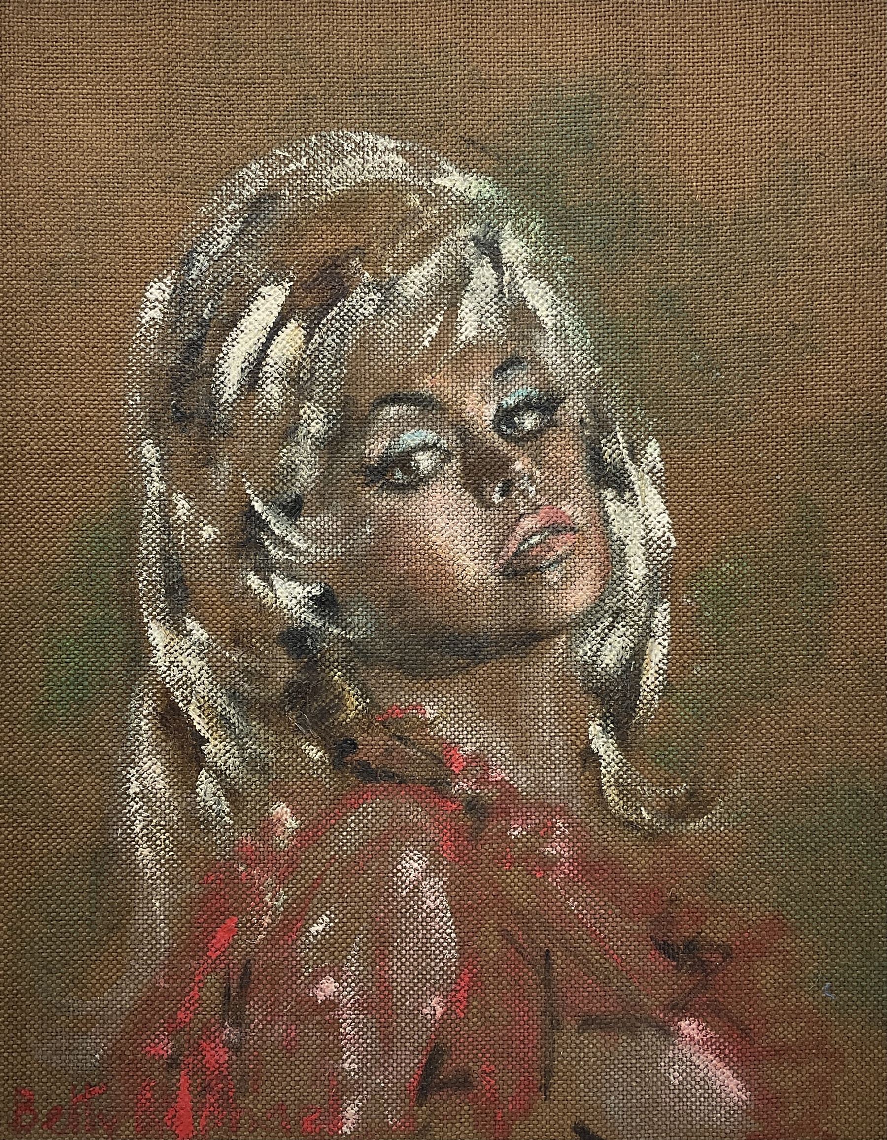 Betty Raphael (British 20th century): Portrait of a 60s Female, set three oils on hessian canvas signed 50cm x 39cm (3)