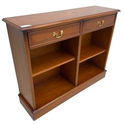 Georgian design yew wood open bookcase, rectangular moulded top over two drawers and two adjustable shelves, on moulded plinth base 