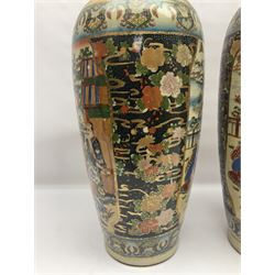 Pair of modern Satsuma vases of baluster form, decorated with figures in within river landscapes and floral borders, highlighted in gilt, H60cm