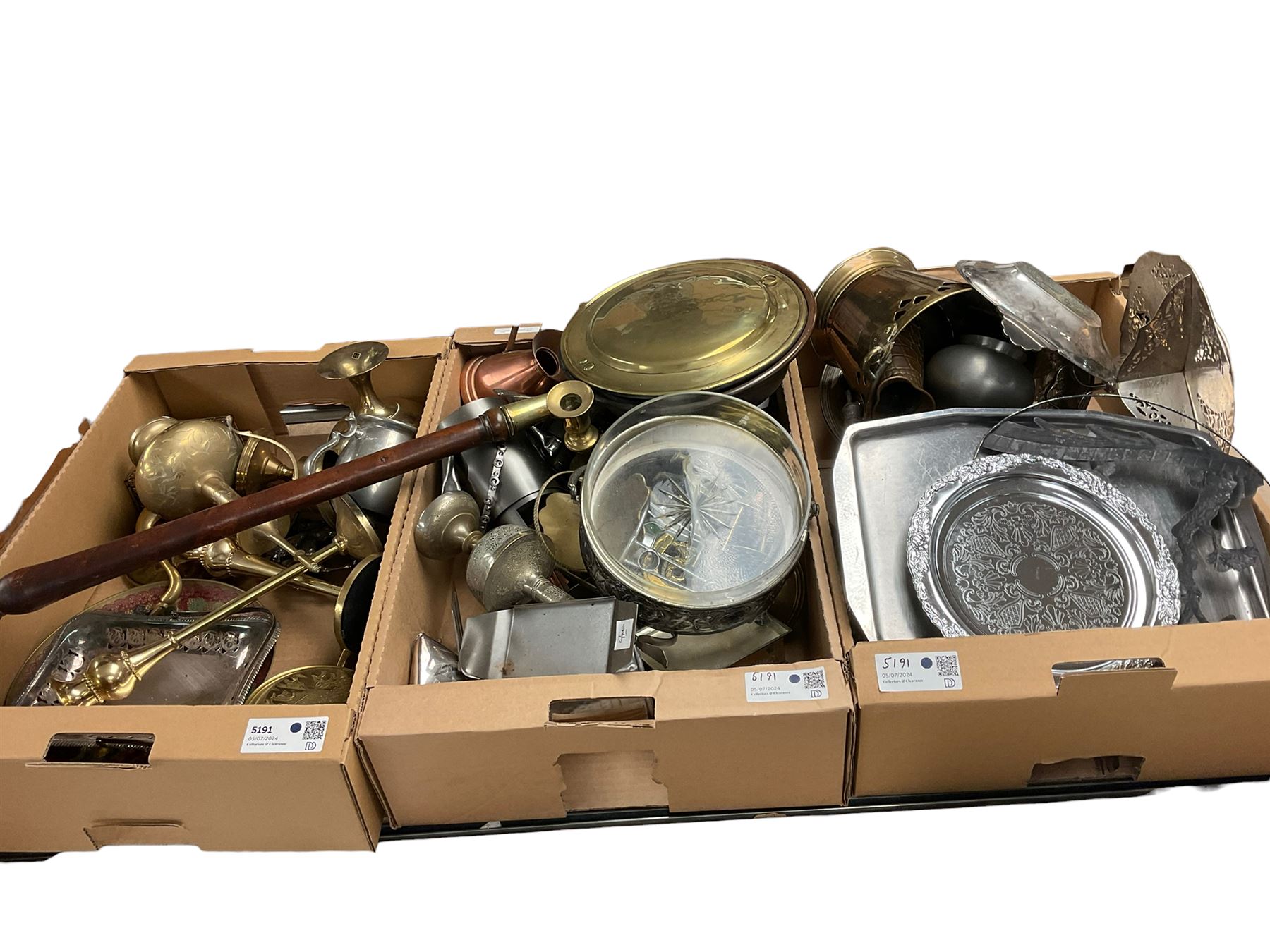 Collection of metalware including trays, copper jugs, candlestick etc, in three boxes 