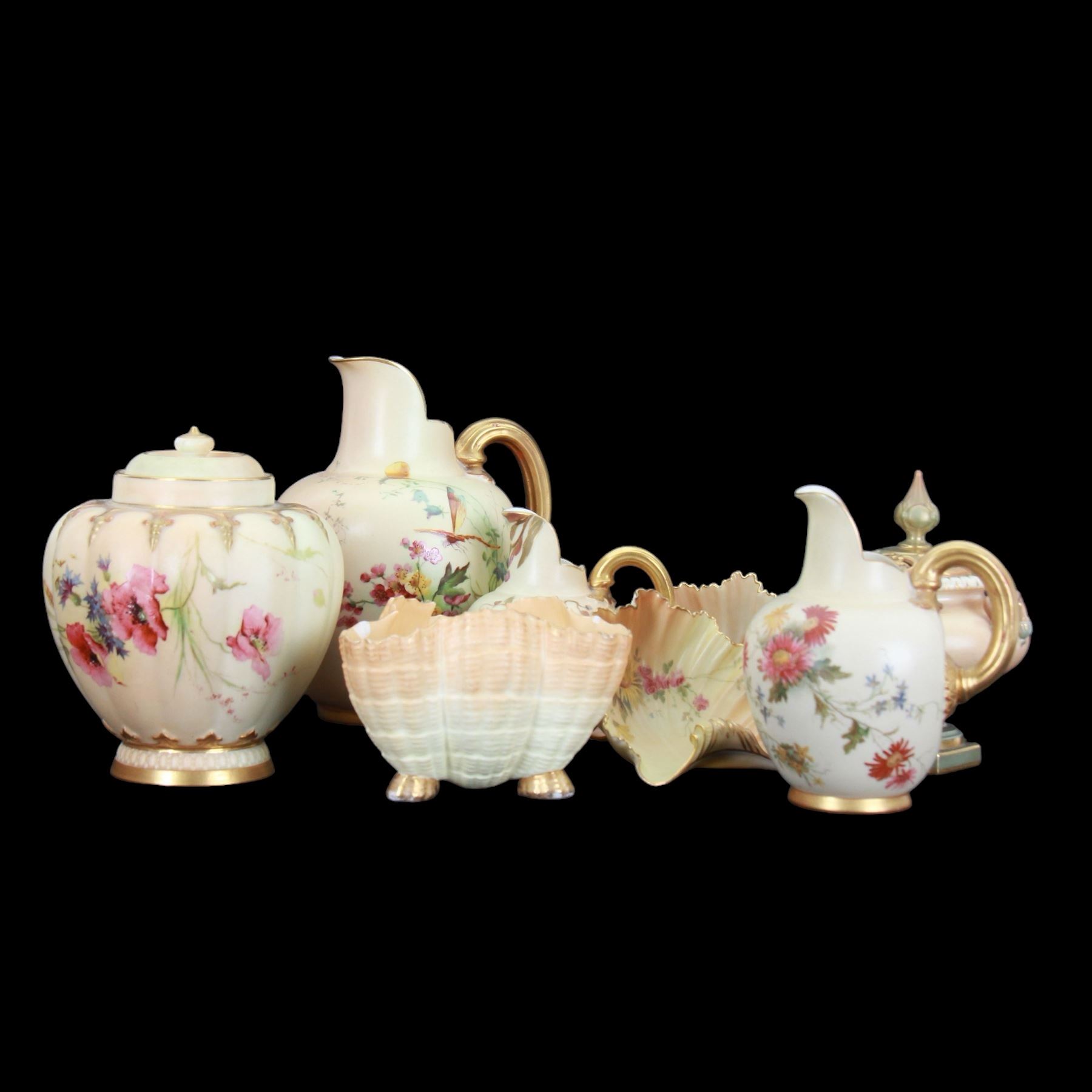 Royal Worcester Blush Ivory, three graduation flat back jugs, bowl in the form of a shell, covered jar etc (8)