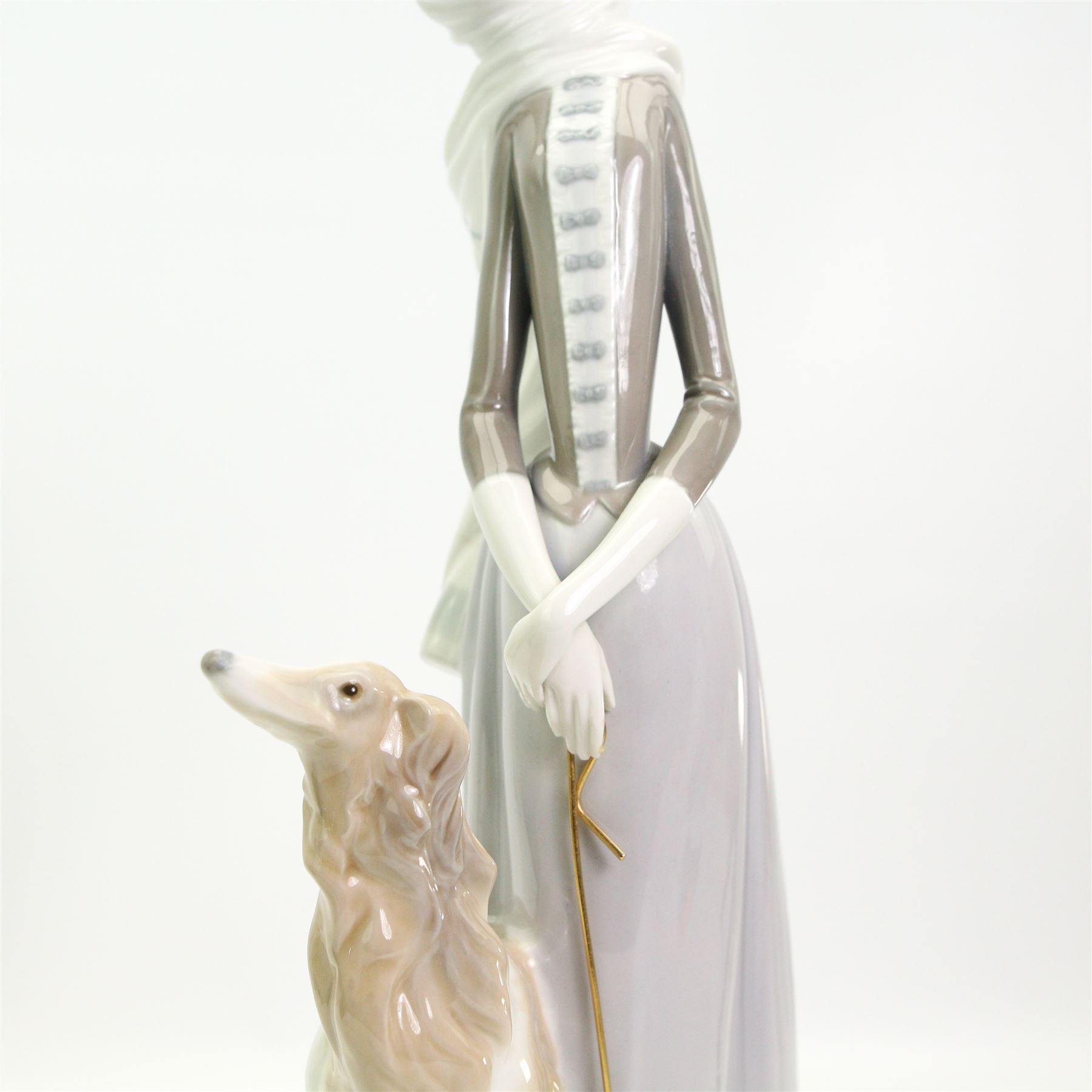 Large Lladro figure of a lady with a Borzoi and holding a parasol H39cm