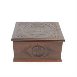 Carved oak box, with Kings Royal Rifle Corps decal to the hinged lid, H17cm