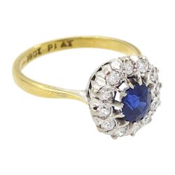 Gold oval cut sapphire and round brilliant cut diamond cluster ring, stamped 18ct Plat, sapphire approx 0.85 carat, total diamond weight approx 0.35 carat