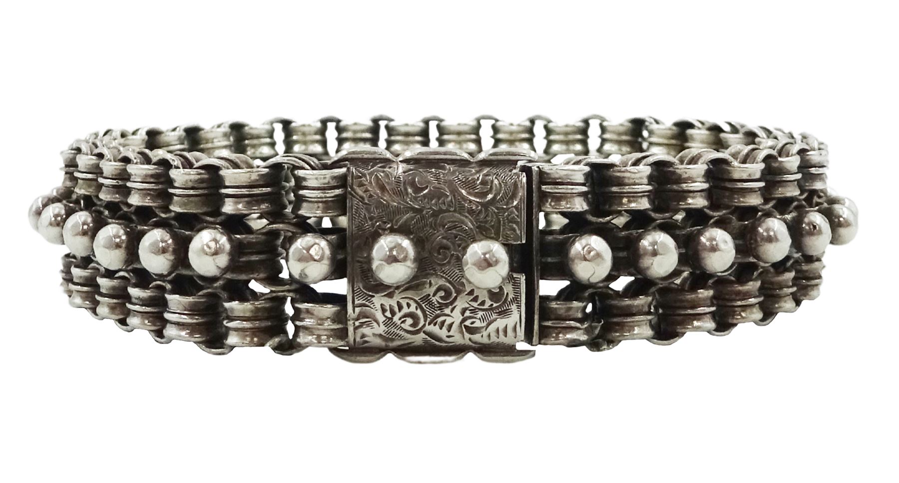 Victorian silver bracelet with bead and circular links and an engraved box clasp, the clip inscribed '89'