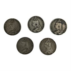 Five Queen Victoria silver crown coins, dated 1887, 1889, 1890, 1891 and 1892