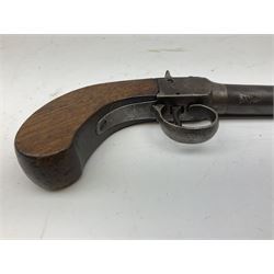 19th century percussion single barrel pocket pistol with 7cm screw-off barrel and walnut stock; approximately 45 calibre L18cm overall; in fitted oak case with modern nipple key, lead balls etc