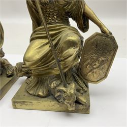 Pair brass grand tour style figures of Minerva and Mars, each on a square base, Minerva H18cm