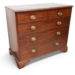 George III mahogany chest, rectangular top over two short and three long graduating cock-beaded drawers, on bracket feet