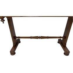 Victorian mahogany washstand, three-quarter raised gallery back, rectangular top with over two drawers, on shaped end supports united by ring-turned stretcher