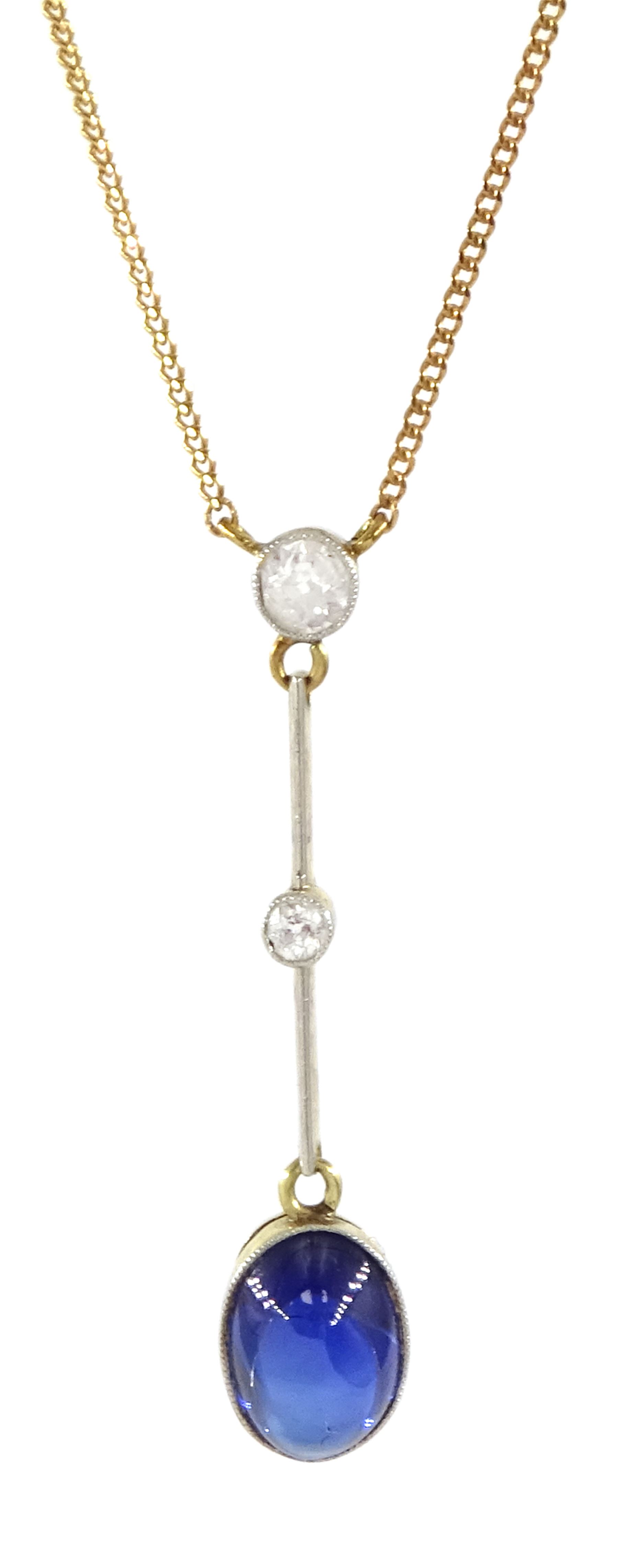 Early 20th century 14ct gold and platinum milgrain synthetic cabochon sapphire and old cut diamond pendant, on later 9ct gold trace link chain necklace