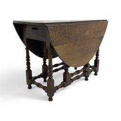 18th century oak drop leaf table, oval top with two drop leaves and frieze drawer, raised ...