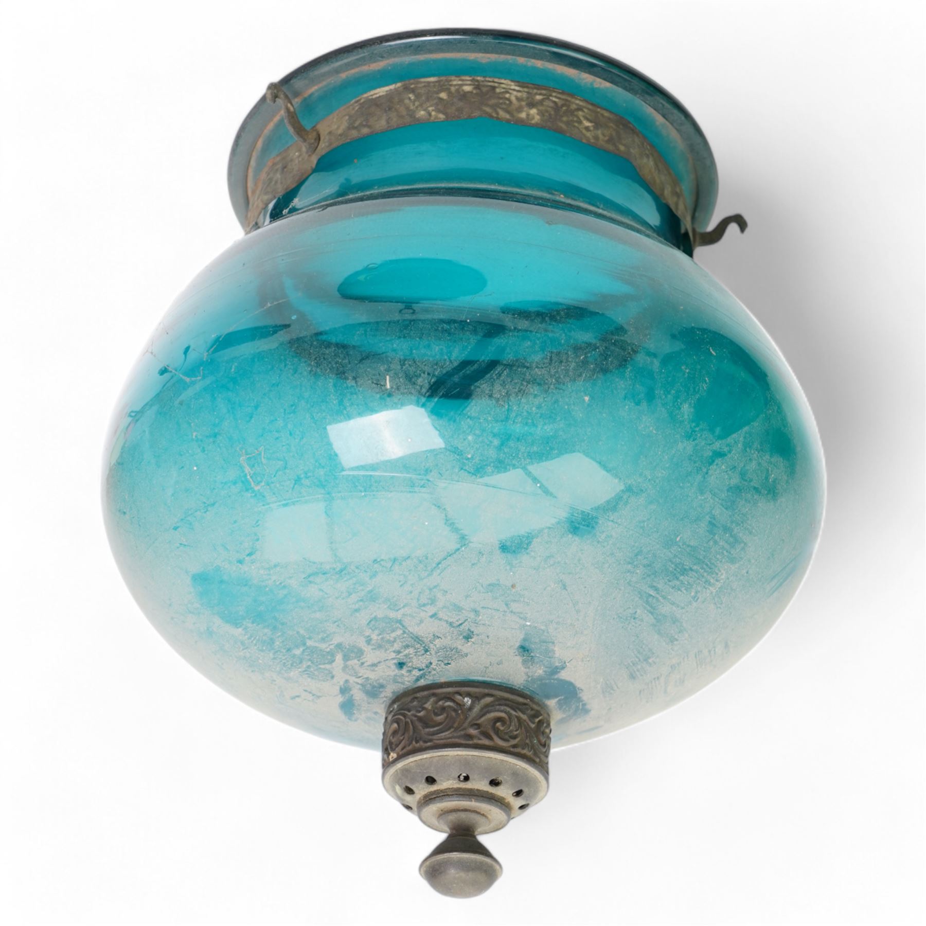 Indian pumpkin Hundi lamp, with Belgian glass shade and Indian metal mounts H29cm  and two blue glass Hundi lamps (3)