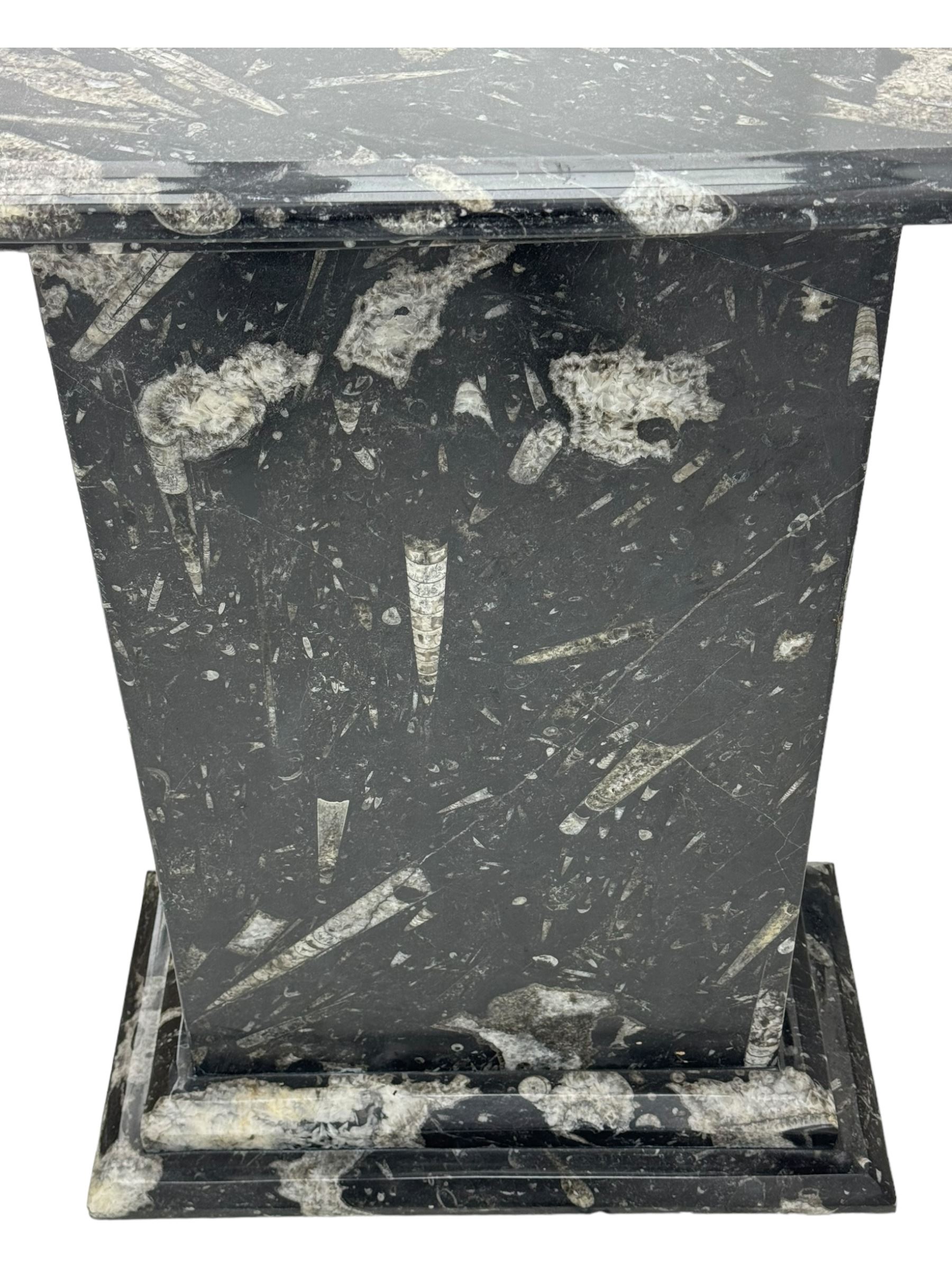 Marble hall table with orthoceras and goniatite inclusions, the rectangular top upon two rectangular stepped plinths, H78cm, L135cm, D77cm