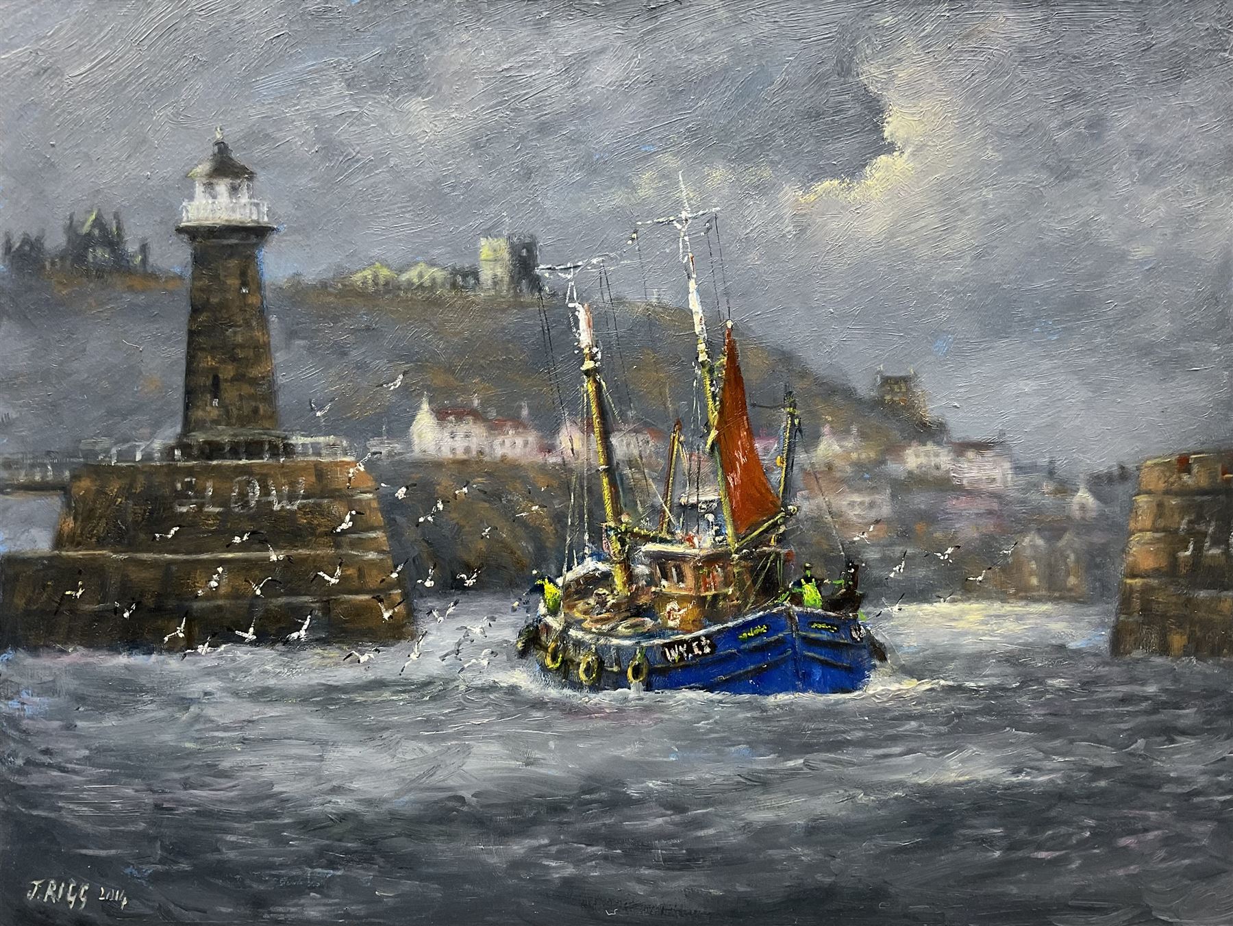 Jack Rigg (British 1927-2023): 'First Landing' - Entering Whitby Harbour, oil on board signed and dated 2014, titled verso 46cm x 60cm