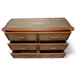 20th century rattan and cane chest in neutral tones, fitted with six drawers, lattice woven apron over splayed feet