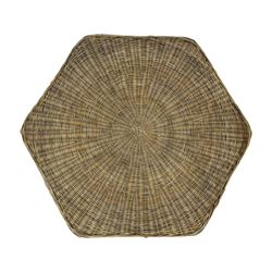 Mid-20th century hexagonal wicker coffee table, featuring woven top with pattern that radiates from the centre, lower shelf for additional storage, supported by interwoven wicker legs