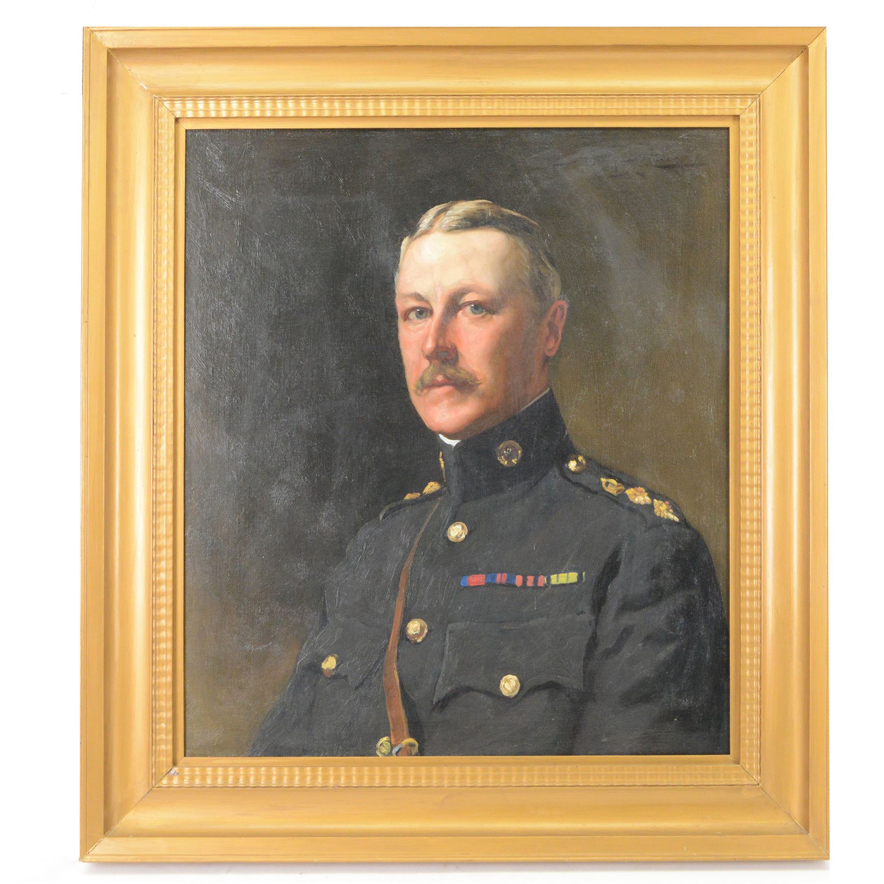 John Saint-Helier Lander (British 1869-1944): Colonel S.C.F Jackson 1st battalion Hampshire Regiment, in military dress, oil on canvas signed and dated 1912, with original title label verso, 66cm x 60cm 

This painting is of Colonel S.C.F Jackson, his medals are lot 3146 and his sword is lot 3145 