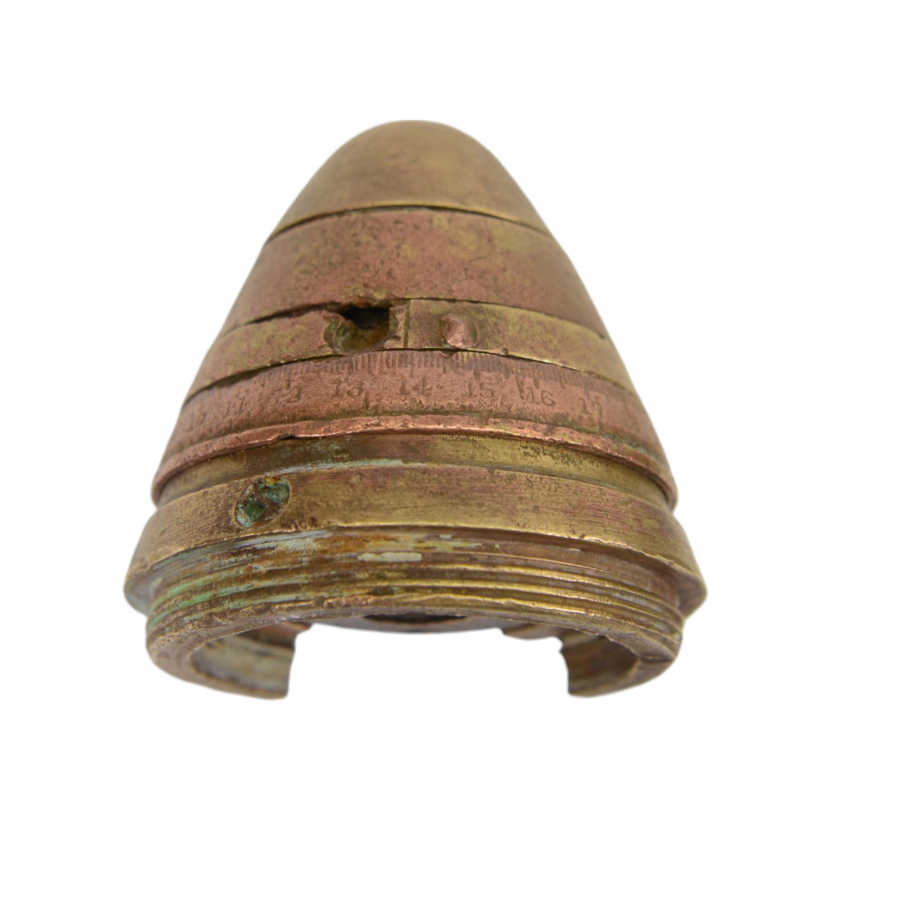 WWI British No. 80 shrapnel fuse shell, together with two other fuses, all cut away to reveal the centre of the fuse 