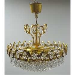  Gilt metal five light chandelier, four graduating circular tiers with teardrop shaped drops, D41cm   