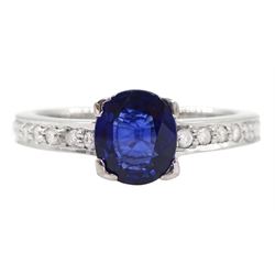 18ct white gold oval cut Ceylon sapphire ring, with diamond set shoulders, hallmarked, sapphire approx 1.25 carat