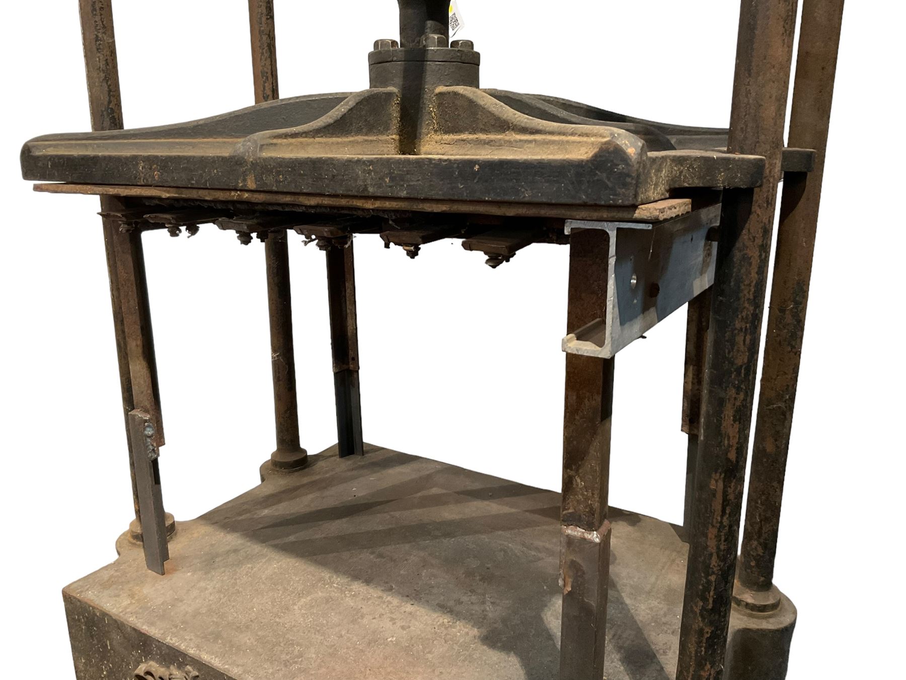 19th century and later cast iron book press on stand, with large screw action