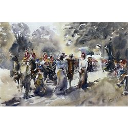 Trevor Lingard (British 1952-): Edwardian Ladies Watching the Carriages, watercolour signe...