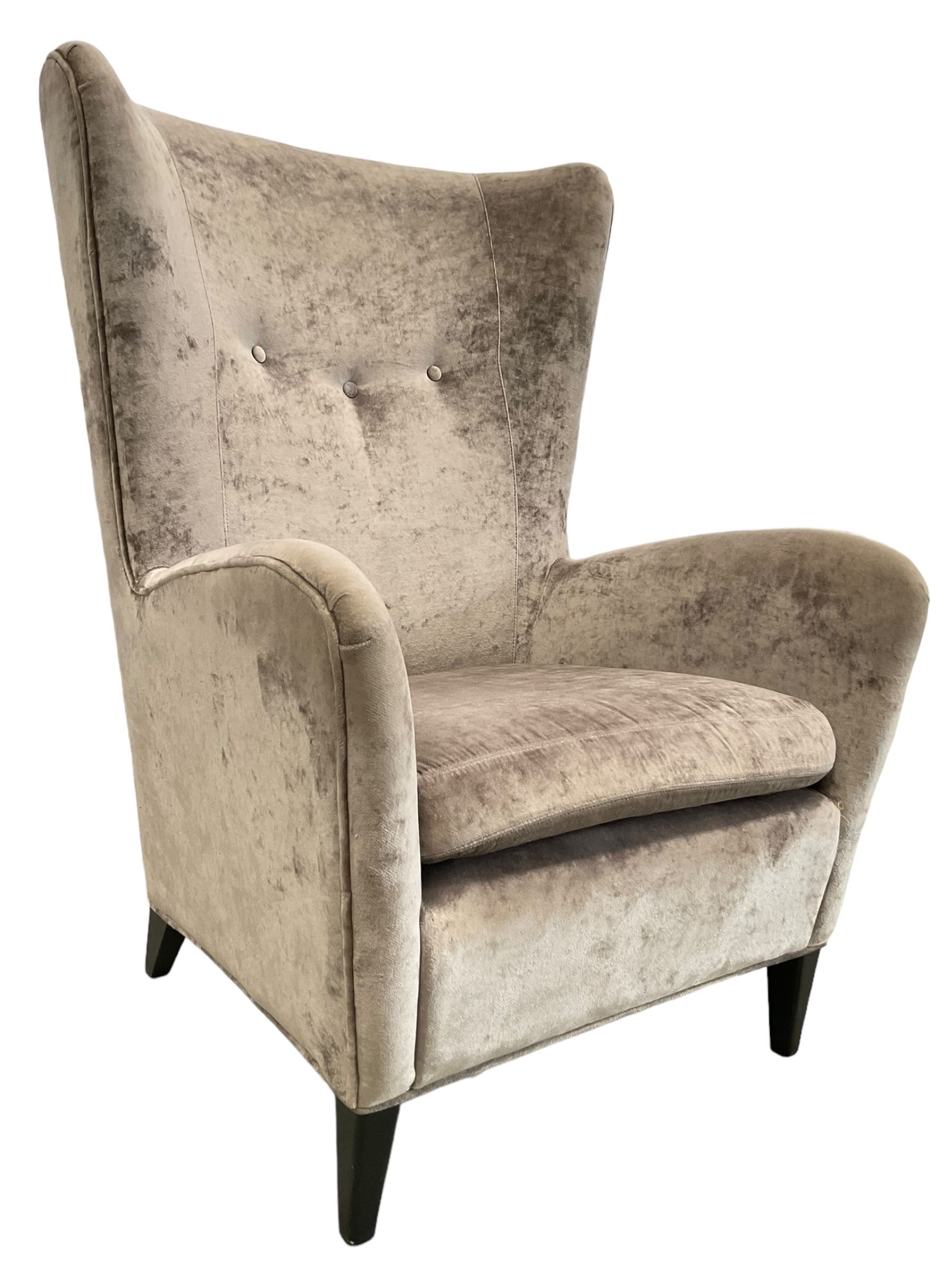 2 x Wing back armchair upholstered in silver crushed velvet fabric