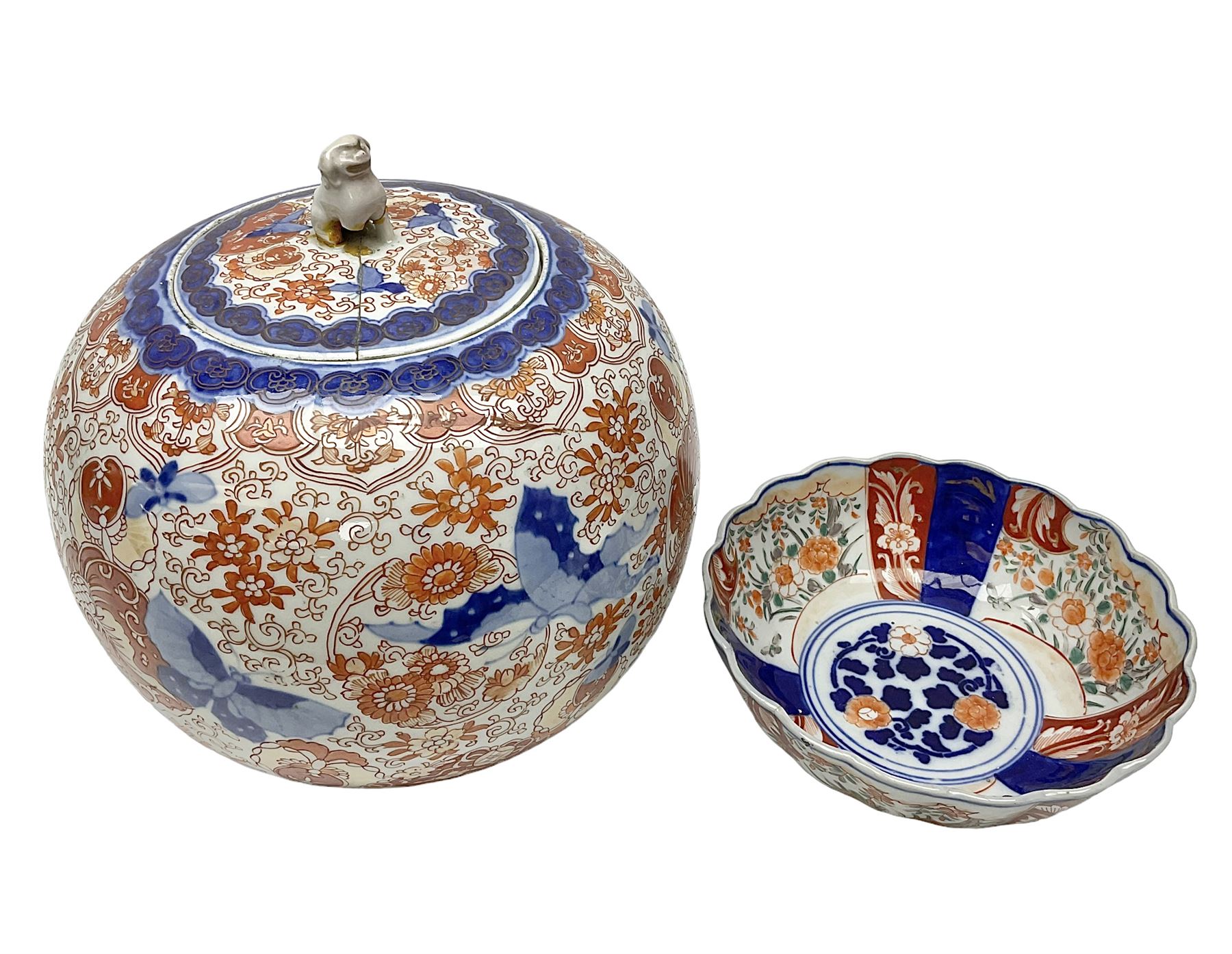 Japanese imari pattern jar and cover of globular form, together with imari bowl, jar H23cm